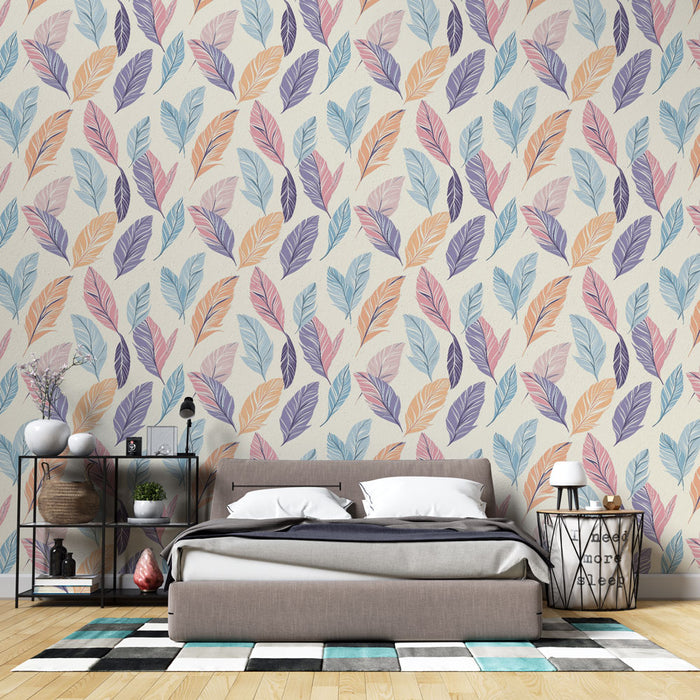 Une chambre moderne avec un papier peint aux motifs de feuilles colorées dans des teintes pastel sur fond clair, créant une atmosphère douce et apaisante.