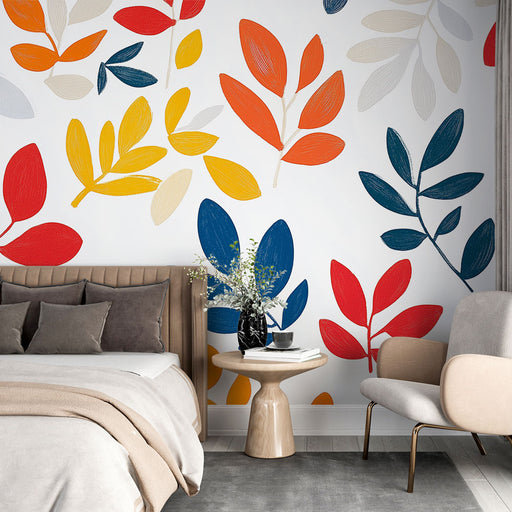 Papier peint feuilles colorées avec motif dynamique en rouge, orange et jaune pour salon moderne