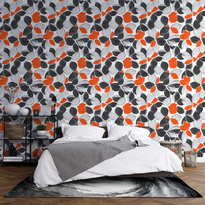 Une chambre moderne avec un papier peint aux motifs de feuilles noires et orange sur fond blanc, créant une ambiance dynamique et chaleureuse.