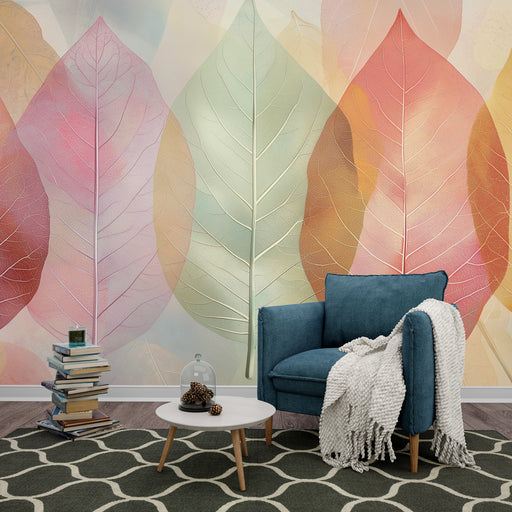 Une pièce de salon avec un papier peint représentant de grandes feuilles aux teintes pastel, créant une ambiance douce et apaisante.