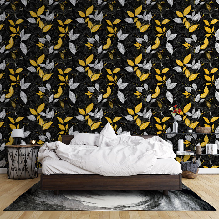 Une chambre moderne avec un papier peint floral noir, jaune et blanc, créant une ambiance vivante et élégante.