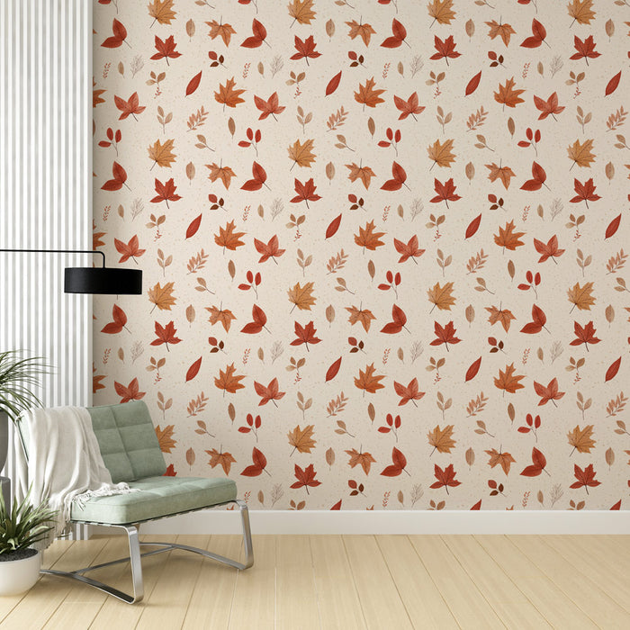 Une pièce moderne avec un papier peint floral aux teintes chaleureuses de rouge et d'orange, évoquant une ambiance automnale et accueillante.