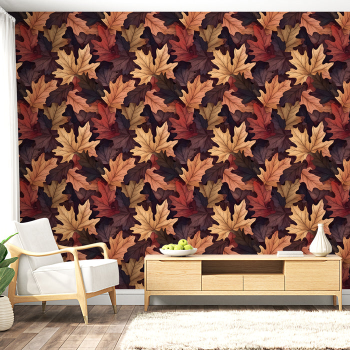 Un salon lumineux avec un papier peint aux motifs de feuilles d'automne dans des teintes chaudes de rouge, orange et marron, créant une ambiance chaleureuse et accueillante.