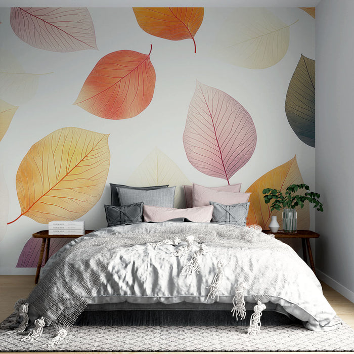 Papier peint feuilles d'automne avec design délicat de feuilles colorées sur fond blanc pour chambre moderne