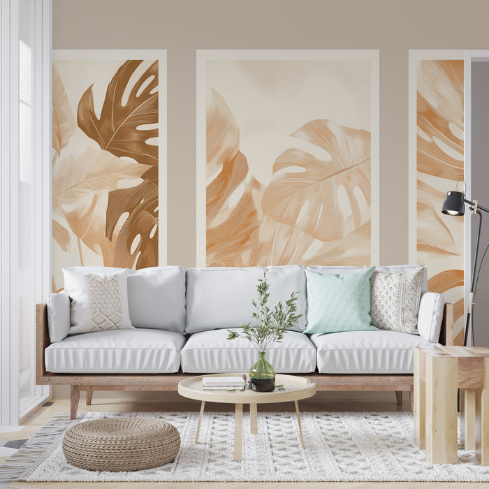 Un salon lumineux avec un papier peint représentant de grandes feuilles de monstera dans des teintes beige et caramel, créant une ambiance naturelle et chaleureuse.