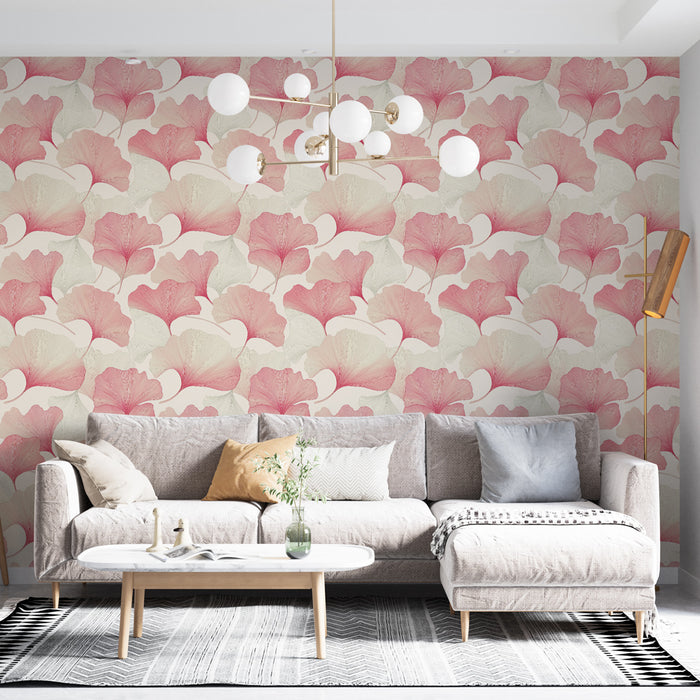 Un salon élégant avec un papier peint floral aux grandes feuilles de ginkgo en dégradé de rose et beige, créant une atmosphère douce et apaisante.