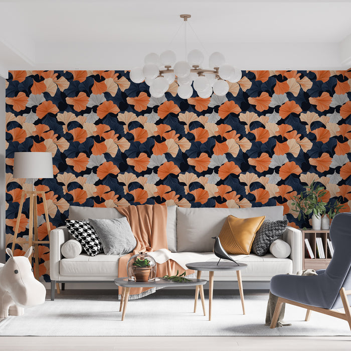 Un salon moderne avec un papier peint floral aux motifs colorés orange, bleu marine et beige, créant une ambiance chaleureuse et dynamique.