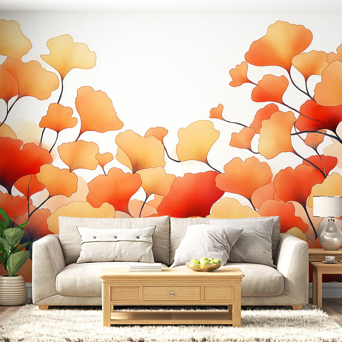 Papier peint feuilles de ginkgo | Motif vibrant de feuilles orange et jaunes sur fond blanc