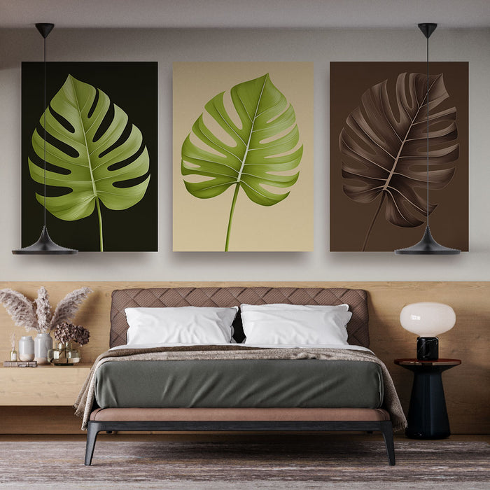 Une chambre moderne avec un papier peint représentant des feuilles de monstera sur des fonds noir, beige et marron, créant une atmosphère naturelle et apaisante.