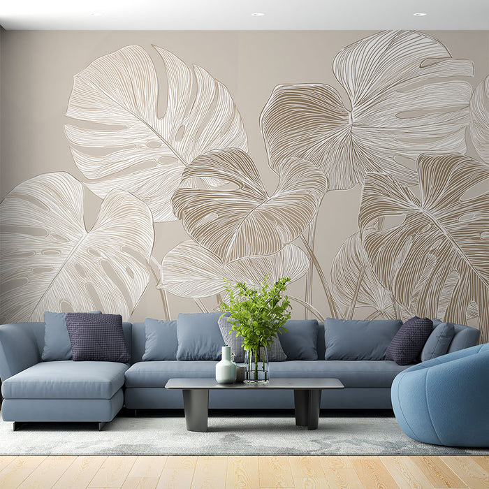 Papier peint feuilles de monstera | Motifs délicats en lignes sur fond beige
