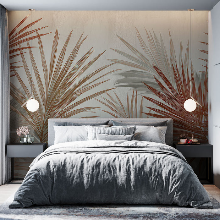 Une chambre moderne avec un papier peint tropical aux grandes feuilles dans des teintes brunes et grises, créant une ambiance apaisante et élégante.