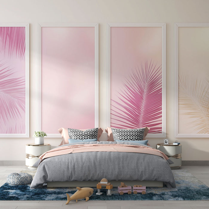 Une chambre moderne avec un papier peint aux dégradés de rose et des motifs de feuilles de palmier, créant une ambiance douce et tropicale.