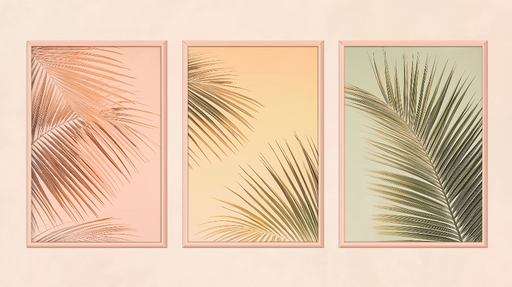 Papier peint feuilles de palmier Trois cadres aux teintes douces et naturelles
