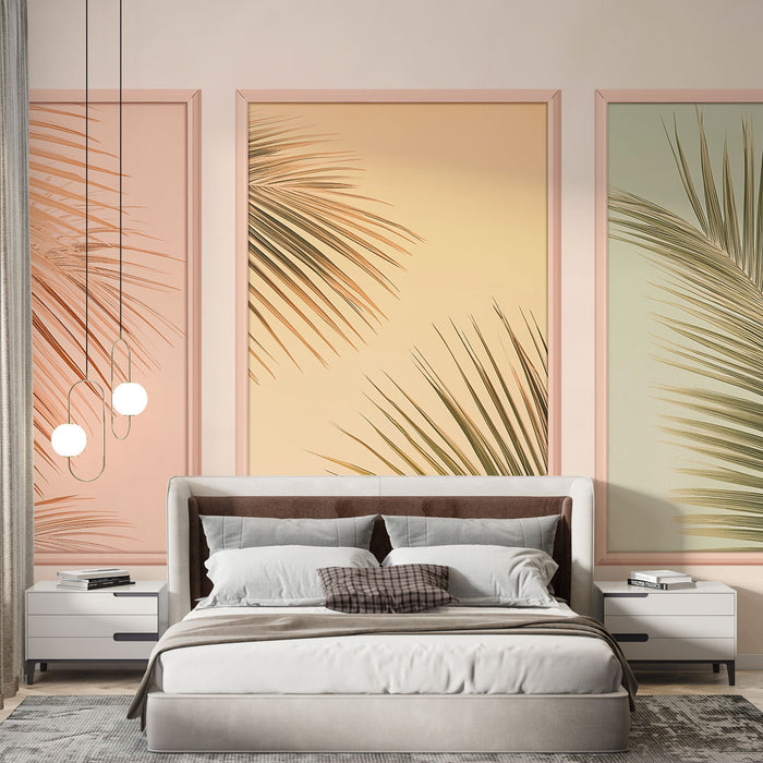 Une chambre moderne avec un papier peint représentant des feuilles de palmier sur fond dégradé pastel, créant une atmosphère apaisante et tropicale.