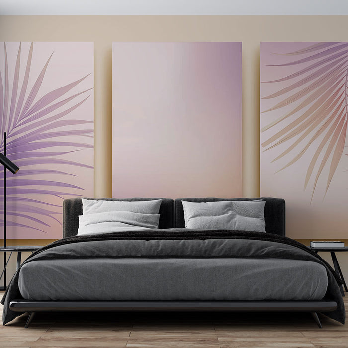 Une chambre moderne avec un papier peint aux dégradés pastel et motifs de feuilles tropicales, créant une ambiance douce et apaisante.