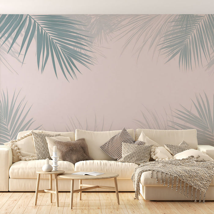 Papier peint feuilles de palmiers | Entre vert et rose pastel