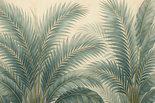 Papier peint tropical aux grandes feuilles de palmier dans des teintes vertes douces, rehaussées de touches dorées, créant une atmosphère apaisante et élégante.