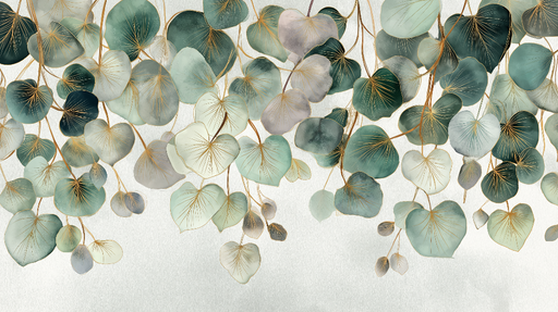 Papier peint feuilles délicates Feuilles florales dans des teintes vertes et dorées