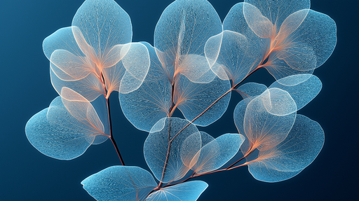 Papier peint feuilles délicates Motif aéré de feuilles transparentes sur fond bleu
