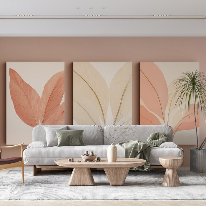 Un salon moderne avec un papier peint représentant de grandes feuilles aux teintes douces de rose et beige, créant une atmosphère apaisante et chaleureuse.