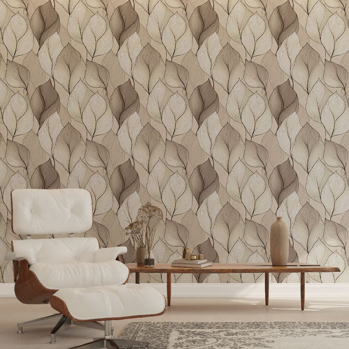 Une pièce moderne avec un papier peint aux motifs de feuilles délicates dans des teintes beige et marron, créant une atmosphère chaleureuse et apaisante.