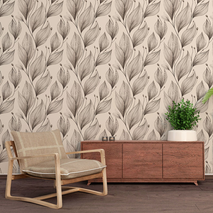 Une pièce moderne avec un papier peint floral beige et noir représentant des feuilles délicates, créant une ambiance élégante et apaisante.