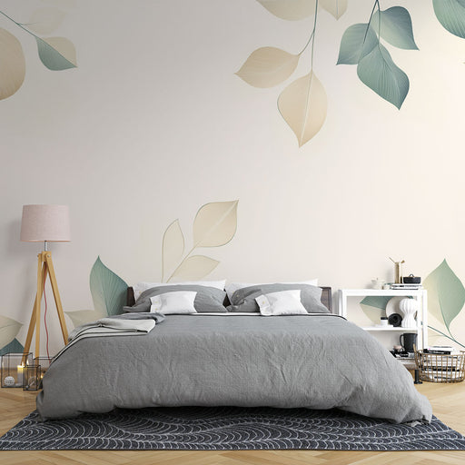 Papier peint feuilles délicates avec motif élégant de feuilles pastel sur fond clair pour chambre moderne.
