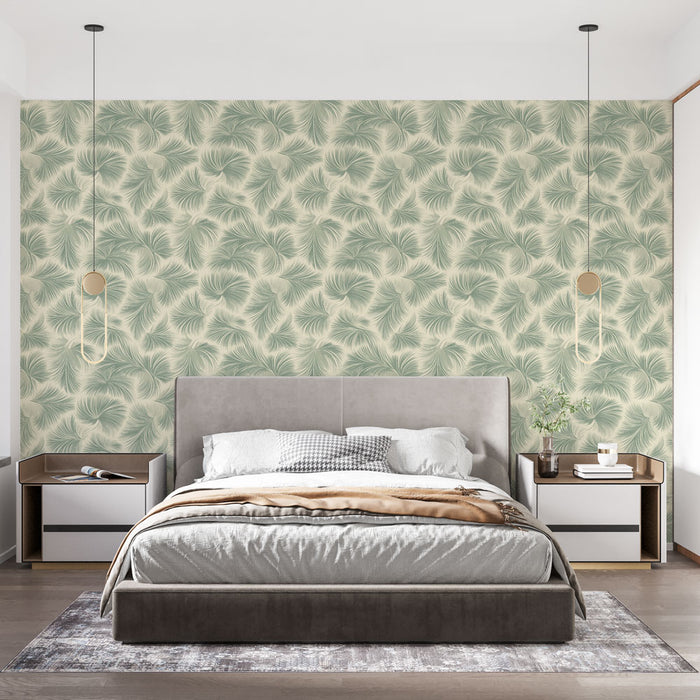 Une chambre moderne avec un papier peint aux motifs de feuilles délicates dans des teintes vertes sur fond crème, créant une atmosphère apaisante et naturelle.