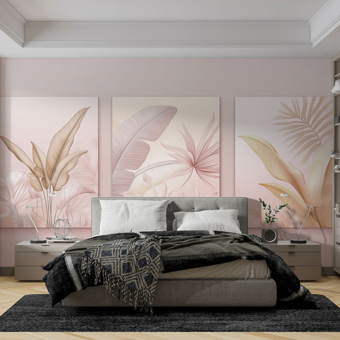 Une chambre moderne avec un papier peint floral aux teintes douces de rose et beige, créant une atmosphère apaisante et élégante.