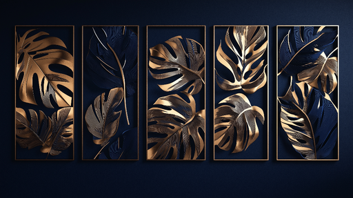 Papier peint feuilles dorées Élégance des motifs botaniques en relief sur fond bleu profond