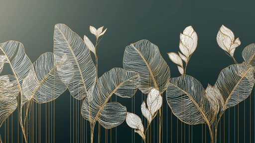 Papier peint feuilles dorées Élégantes feuilles blanches sur fond vert foncé