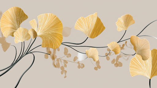 Papier peint feuilles dorées Élégantes feuilles de ginkgo sur fond neutre