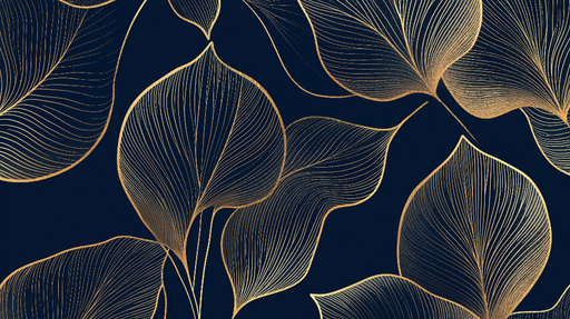 Papier peint feuilles dorées Élégantes lignes sur fond bleu nuit