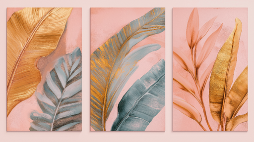 Papier peint feuilles dorées Feuilles exotiques en nuances de rose et bleu