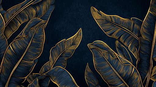 Papier peint feuilles dorées Feuilles stylisées sur fond bleu nuit