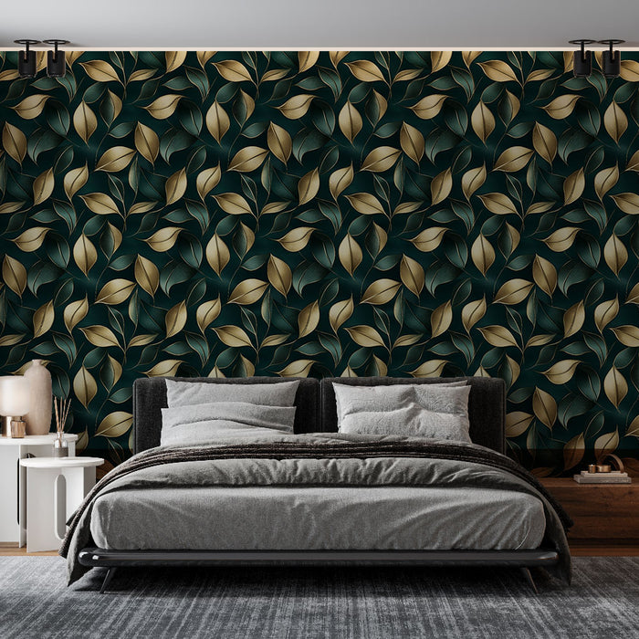 Une chambre moderne avec un papier peint aux motifs de feuilles dorées et vertes sur fond sombre, créant une atmosphère élégante et apaisante.