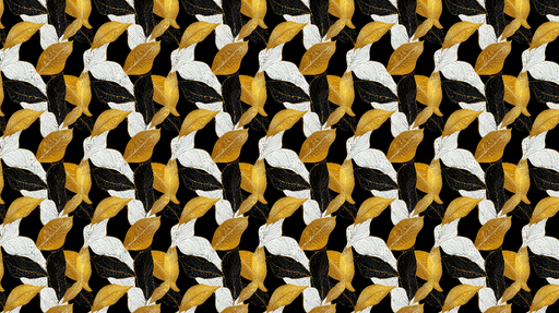 Papier peint feuilles dorées Motif élégant de feuilles aux teintes dorées, blanches et noires sur fond noir