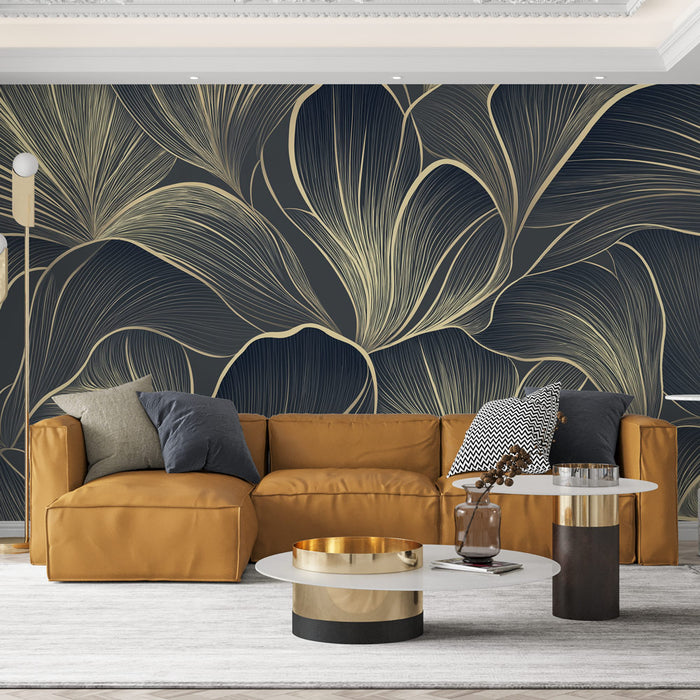 Papier peint feuilles dorées | Motif élégant de feuilles stylisées sur fond sombre