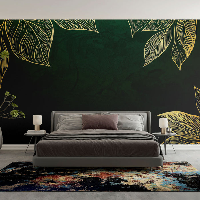Papier peint feuilles dorées | Motif élégant de feuilles sur fond vert profond
