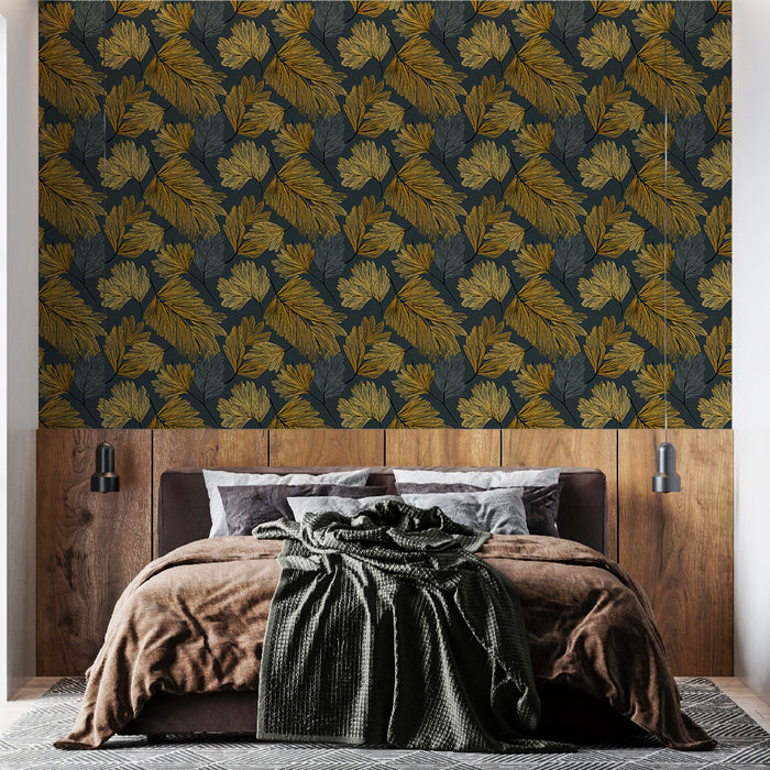 Une chambre moderne avec un papier peint aux motifs de feuilles dorées et vertes sur fond noir, créant une atmosphère chaleureuse et élégante.