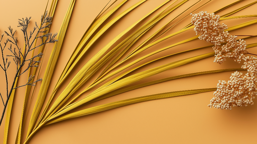 Papier peint feuilles dorées Motifs botaniques sur fond orange doux