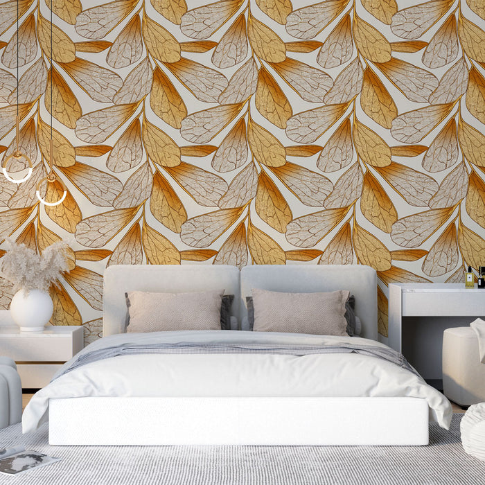 Une chambre moderne avec un papier peint aux motifs de feuilles délicates en nuances de beige et doré, créant une atmosphère chaleureuse et naturelle.