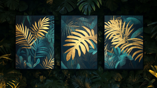 Papier peint feuilles dorées Trio de feuilles tropicales sur fond sombre