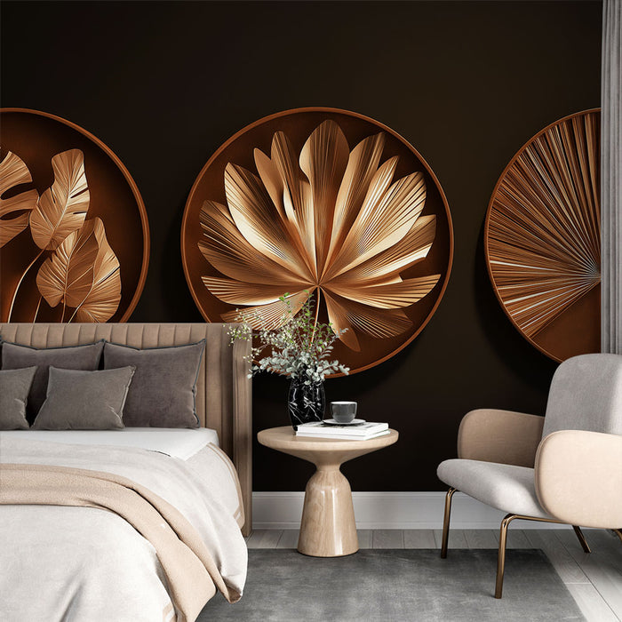 Une chambre élégante avec un papier peint noir mettant en valeur des éléments en relief dorés représentant des feuilles, créant une atmosphère chaleureuse et moderne.