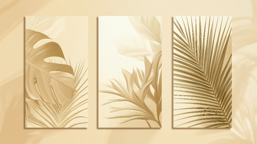 Papier peint feuilles dorées Trio élégant de feuillages en nuances dorées