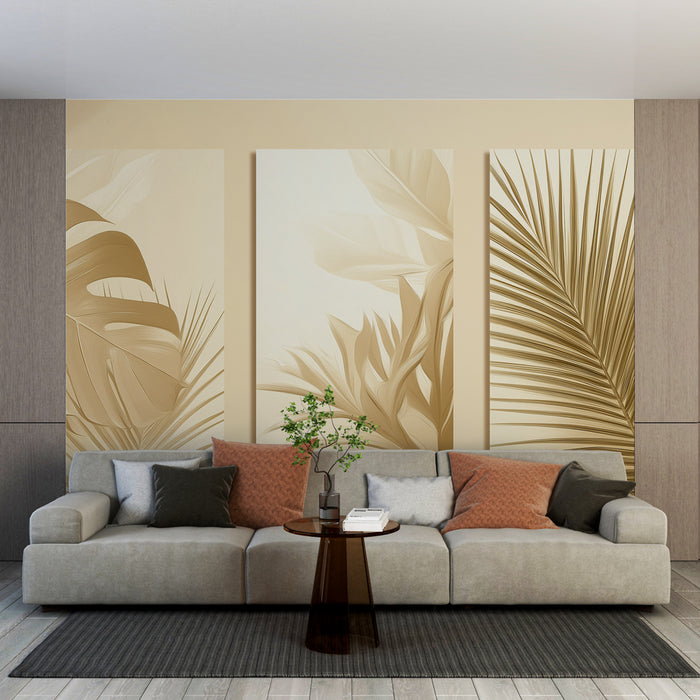 Un salon moderne avec un papier peint aux motifs de feuilles tropicales en tons beige et doré, créant une ambiance chaleureuse et élégante.