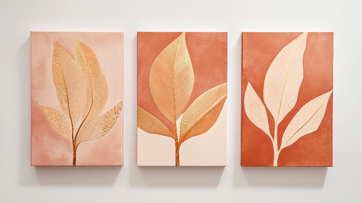 Papier peint feuilles dorées Triptyque harmonieux de feuillages aux teintes terreuses