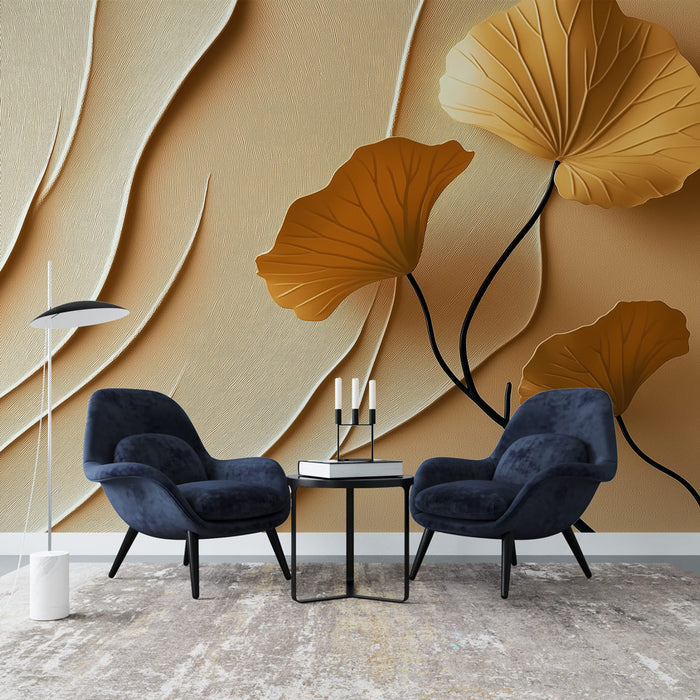 Papier peint feuilles dorées | Un design moderne et texturé avec des feuilles stylisées