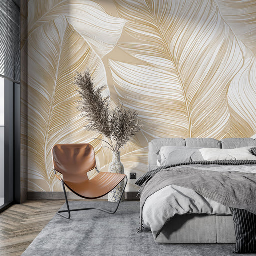 Papier peint feuilles dorées avec motif délicat sur fond beige pour chambre moderne