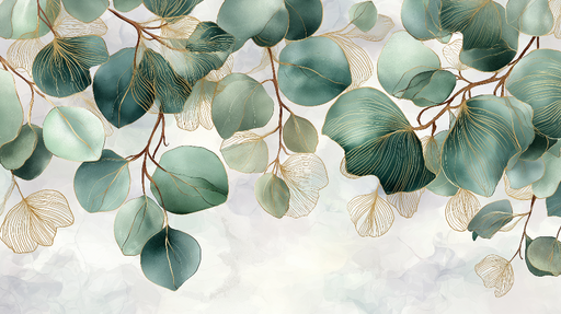 Papier peint feuilles élégantes Des feuilles délicates aux teintes vertes avec des détails dorés